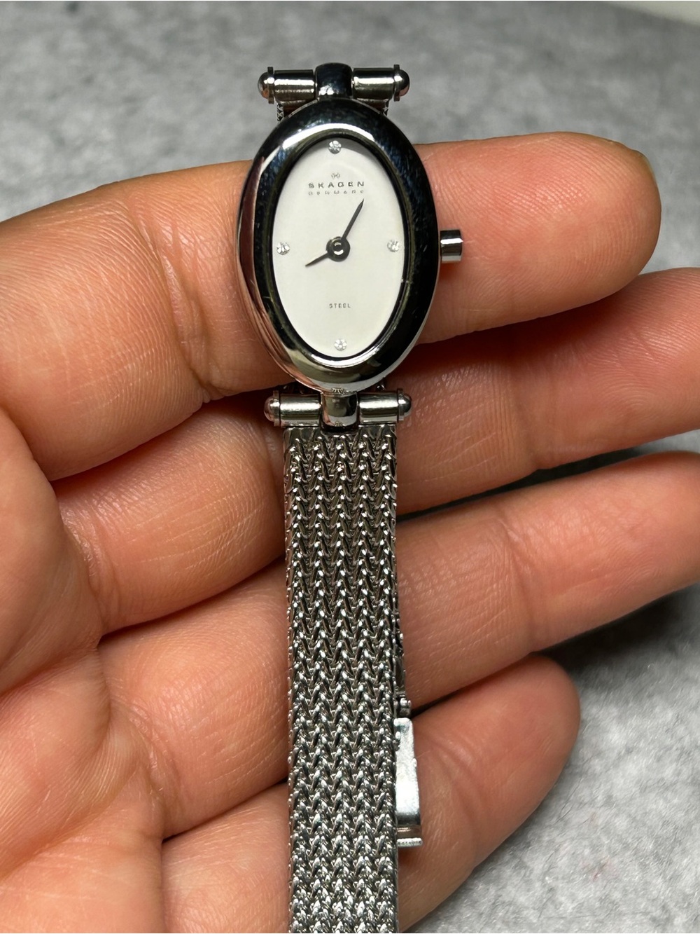 Skagen Silver Oval Mesh Bracelet Watch with White Dial